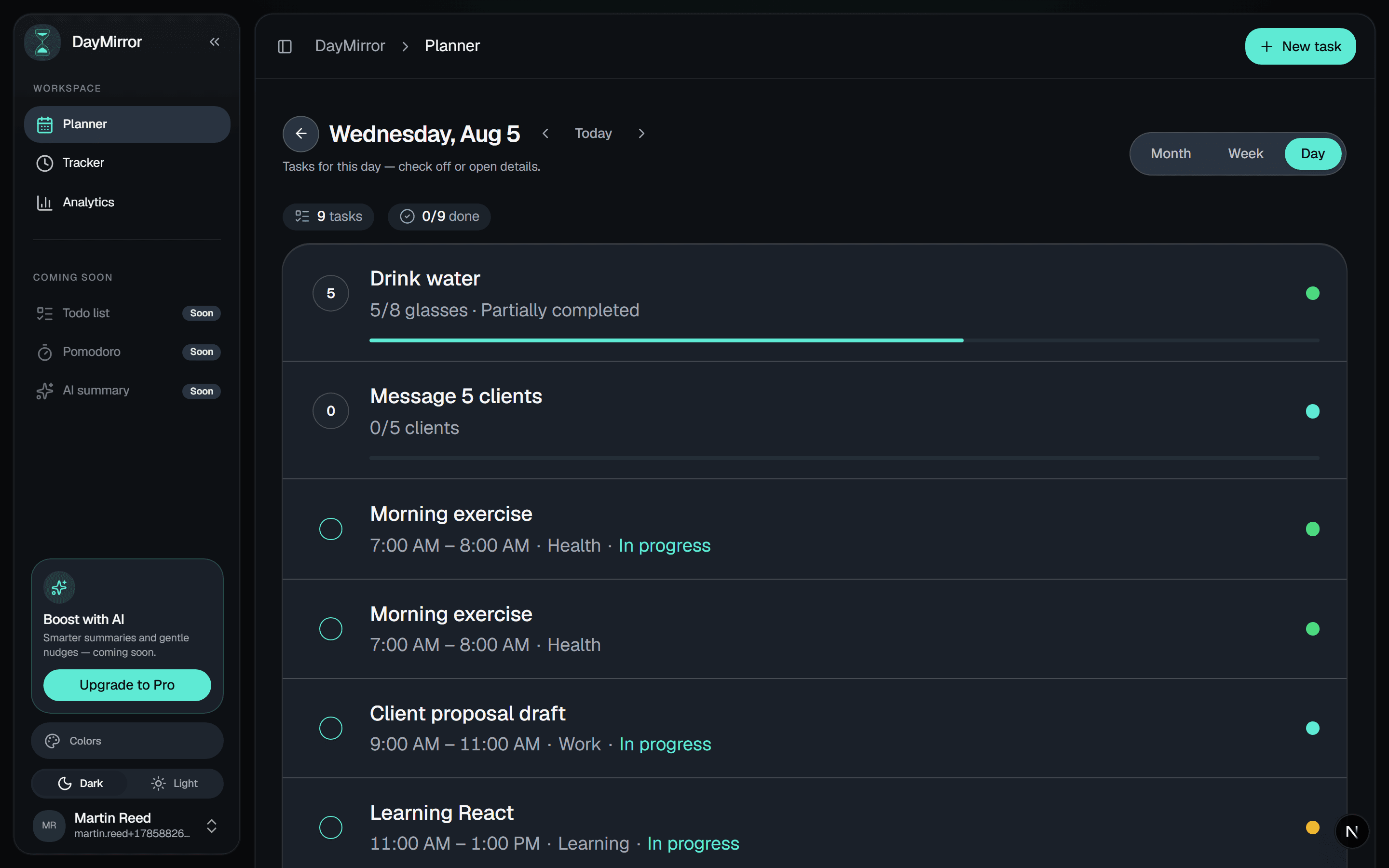 DayMirror day tasks: interview prep, portfolio, and client outreach