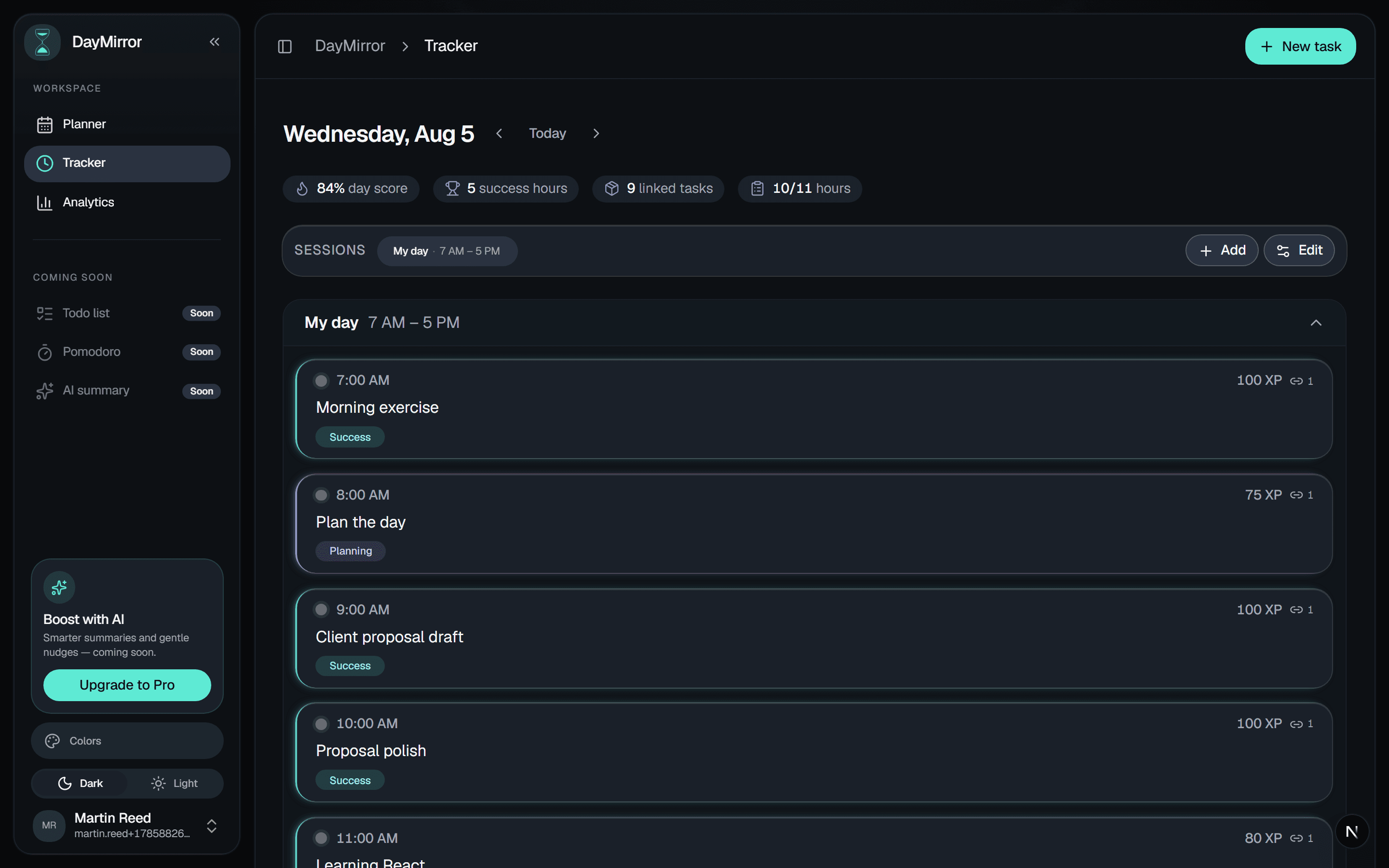 DayMirror Tracker: hours scored with client work, exercise, and learning